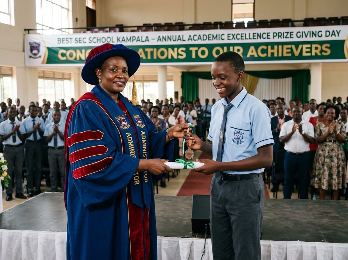 Best Secondary School Deputy Headteacher awarding academic excellence certificate to student